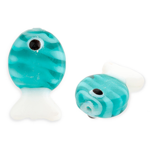 Glaskralen handgemaakt fish Dark cyan blue-white-black