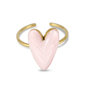Ringen van Stainless steel Roestvrij staal (RVS) enamel heart Pearl light pink-gold