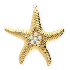 Bedels van Stainless steel Roestvrij staal (RVS) starfish with imitation pearls Gold-white