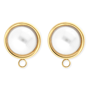 BY31&reg; Benodigdheden van Stainless steel Roestvrij staal (RVS) oorbellen&nbsp;/&nbsp;oorstekers round with imitation pearl with loop Gold-white
