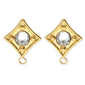 BY31&reg; Benodigdheden van Stainless steel Roestvrij staal (RVS) oorbellen&nbsp;/&nbsp;oorstekers rhombus with crystal with loop Gold-crystal