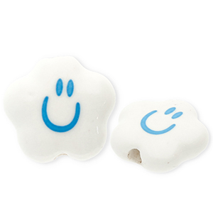 Keramiek kraal cloud with smiley White-blue