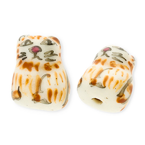 Keramiek kraal cat Off white-light brown-black