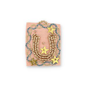 Handgemaakte bedels van stof horseshoe Salmon pink-blue-gold