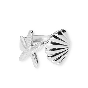 Ringen van Stainless steel Roestvrij staal (RVS) starfish and shell Silver