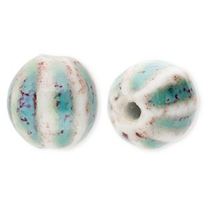 Keramiek kraal 11mm with stripes Teal blue-off white-port red