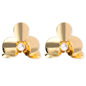Statement oorbellen&nbsp;/&nbsp;oorstekers flower with imitation pearl met RVS steker Gold-white