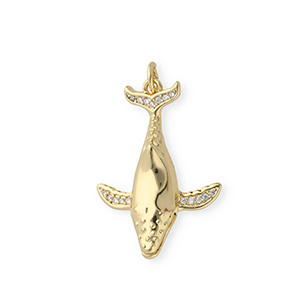 TQ metaal Brass bedels whale with rhinestones Gold-transparent