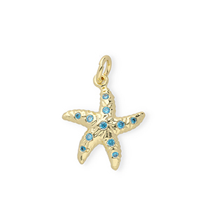 TQ metaal Brass bedels starfish with rhinestones Gold-blue