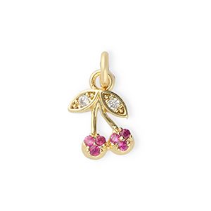 TQ metaal Brass bedels cherries with rhinestones Gold-pink-transparent